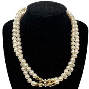 Vintage Double Stranded Pearl Necklace with Gold Rhinestone Accent 17 In Costume